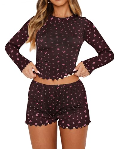 Image of Lacozy Cute Pajama Sets for Women 2 Piece Floral Print Fall Pj Set Woman Long Sleeve Crop Top and Short Y2K Sleep Set