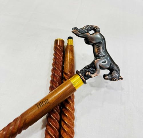 Handmade Solid Brass Head Handle Vintage Style Antique Wooden Walking Stick Cane Gift (3 Fold Wooden Walking Cane) (Horse Handle)
