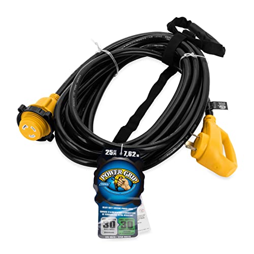 Image of Camco Power Grip 25-Ft 30 Amp RV Extension Cord w /Locking End - Rated for 125V / 3,750W - Features Threaded Locking Ring for Weatherproof Connection & RV Power Cord 90 Head (55501) (Pack of 2)