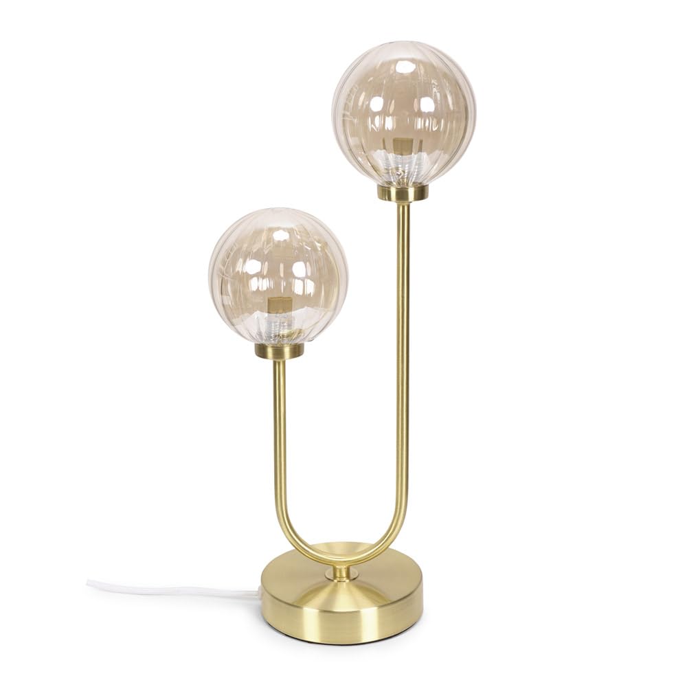 ValueLights | Gold Metal Bar 2 Way Dual Table Lamp with Amber Ribbed Glass Globe Shades | Home Décor, Bedside & Desk Lamp | Includes Bulb