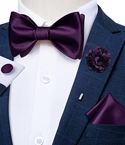 Image of DiBanGu Solid Color Bow Ties for Men Formal Satin Self Tied Bowtie with Lapel Pin Pocket Square Cufflinks for Wedding Party