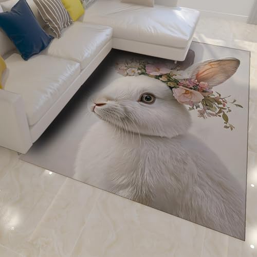 Tapis fin lavable motif bunny printemps blanc antidérapant 80x150 cm