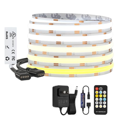 Image of BTF-LIGHTING FCOB COB CCT 3000K-6000K Tunable White LED Strip with RF Remote,UL Listed 24V 24FT 640LEDs /m Super Bright Dimmable Tape Light for Bedroom Kitchen Under Cabinet Indoor Decor