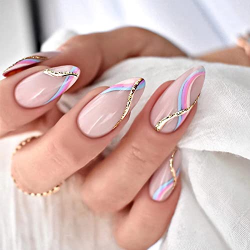 Press On Nails Medium Almond Fake Nails False Nails With Simple Multicolor Waves Designs French Tip Full Cover Stick On Nails Glossy Glue On Nails For Women #TOP7