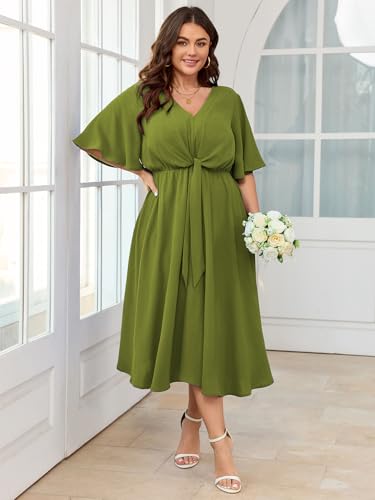 Image of SCOMCHIC Women Plus Size Midi Dresses Wedding Guest Short Sleeve V Neck Tie Waist Casual Summer Flowy A Line Dress