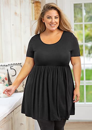 Auslook Plus Size Womens Summer Tops Black 2X Tunic Short Sleeve Blouses Scoop Neck Clothing Pleated Tee Ladies Clothes Flowy Dressy Casual Dress Loose Fit Outfits Maternity Babydoll T Shirts Wear With Leggings #TOP4