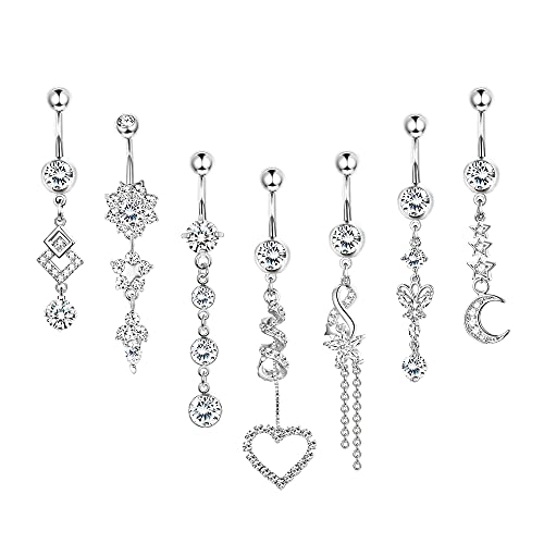 Florideco 7Pcs 14G Belly Button Rings Dangle 316L Surgical Steel Cz Navel Ring Barbell For Women Body Piercing Jewelry Silver/Gold/Rose Gold #TOP10