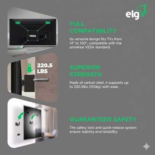 Image of ELG Universal Fixed Wall Mount for TVs 14 inch to 100 inch | Heavy Duty LED /HD /Smart Screens Wall Stand | Flat Panel Display Wall Mount | Capacity up to 100 kg, VESA Standard 75x75 to 800x400mm, Black, UNI100