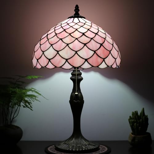 Image of Tiffany Table Lamp Stained Glass Reading Lamp Pink Fishscales Style