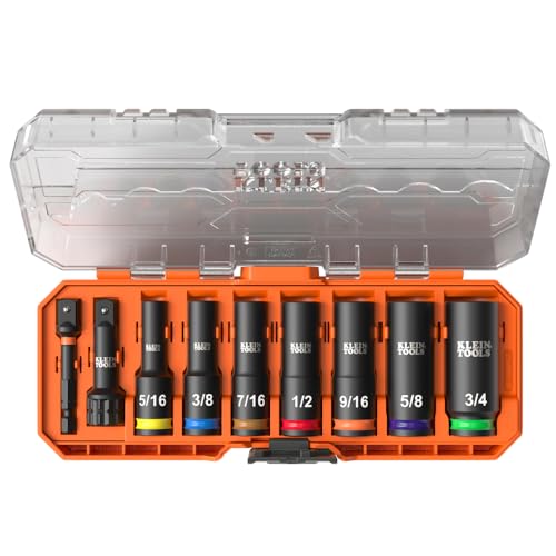 Image of Klein Tools 65109IMPCT KNECT Deep-Well 3 /8-Inch Drive Impact Socket Set, SAE, 9-Piece Tool Set with Impact Driver Adapter, Multi-Purpose Wrench Adapter, Color-Coded, MODbox Socket Organizer