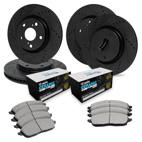 Image of R1 Concepts Front and Rear Brake Kit Fits 2010-2015 Chevrolet Camaro | Euro Ceramic Brake Pads and Drilled Slotted eLINE Brake Rotors| 14.0 inch Front & 14.4 inch Rear