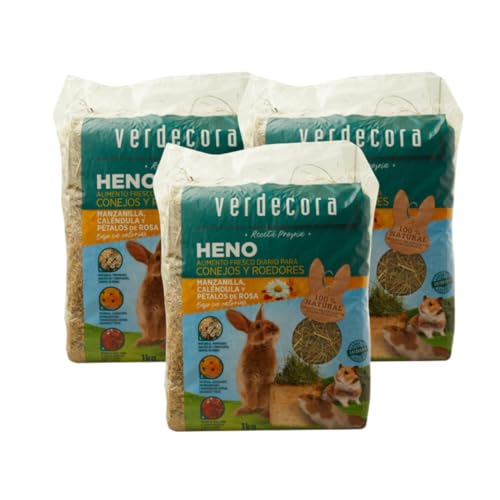Verdecora Heno para Conejos y Roedores | Dieta equilibrada y Rica en nutrientes | Rico en Fibra (Manzanilla y Caléndula 1kg Pack 3 uds)