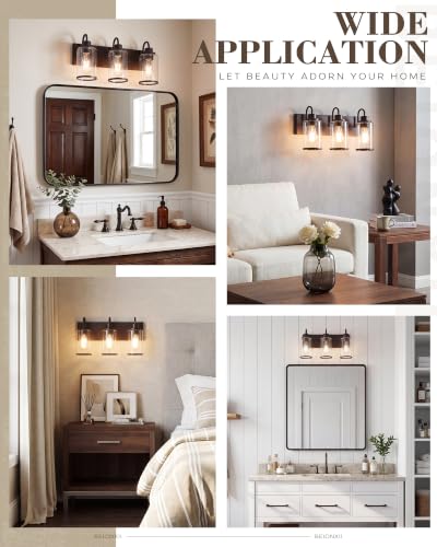 Image of Beionxii 3 Light Bathroom Light Fixtures, Oil Rubbed Bronze Vanity Lights with Clear Glass Shades, Vanity Lights Over Mirror, Wall Sconces for Kitchen Living Room Hallway Cabinet Porch, BX-VL01ORB-3CG