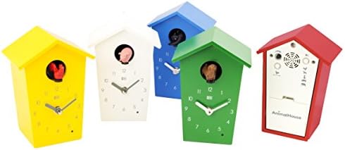 KOOKOO AnimalHouse white, striking small cuckoo clock with 5 farm animals sounds, natural field recordings, modern sleek designed clock