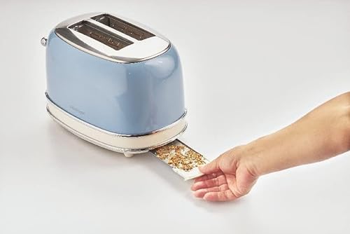 Ariete Grille-Pain 2 Tranches Vintage 155, Grille-Pain 6 Niveaux de Grillage, Éjection Automatique, Fonction Décongélation, Tiroir Ramasse-Miettes Amovible, Acier Inoxydable, avec Pince, 810W, Bleu