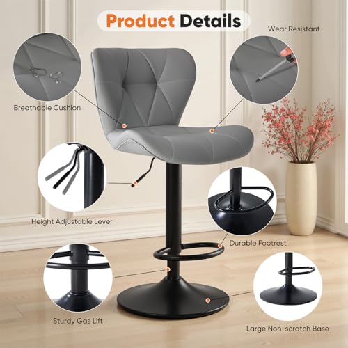 Sweetcrispy Modern Bar Stools Set of 4, Adjustable Faux Leather Upholstered Swivel Bar Stools, Counter Height Bar Chairs with Back for Kitchen Island, Grey - view 2