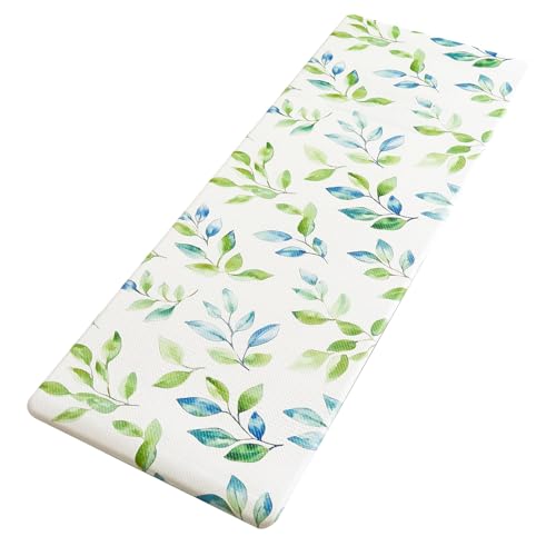 Koniroom キッチンマット 水彩グリーンリーフ柄 45×240cm 厚さ10mm 北欧風 ナチュラル 滑り止め 拭ける 防水 防汚 防炎 台所マット 抗菌防臭 PVC素材
