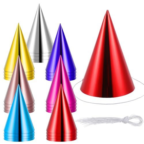 guduling 28-Pack Birthday Party Hats for Adults,Colorful Birthday Party Hats,Small Metallic Foil Cone Hat, in 7 Festive Colors, One Size Fits Most Celebration Headwear