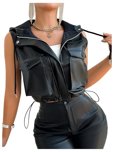 Verdusa Women's PU Leather Zip Up Cropped Vest Sleeveless Hooded Jacket with Pockets