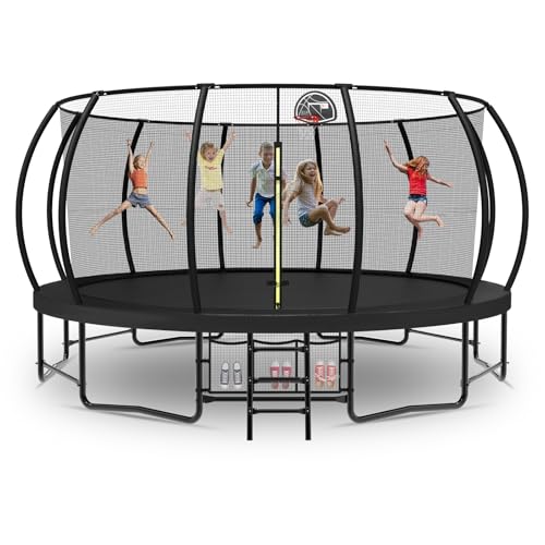 Tatub 16FT Upgrade Trampoline for Kids and Adults, Outdoor Recreational Trampolines with Basketball Hoop & Enclosure Net, Curved Poles & Storage Bag, Pumpkin Trampoline Capacity for 6-8, Black