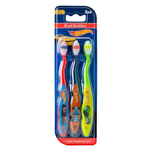 Image of Brush Buddies Hot Wheels Manual Toothbrushes for Kids - 3 Pack | Soft Bristled Children's Toothbrushes with Fun Multi-Colored Designs, Anti-Slip Grip Handles, Perfect for Toddlers, Home Use, or Travel