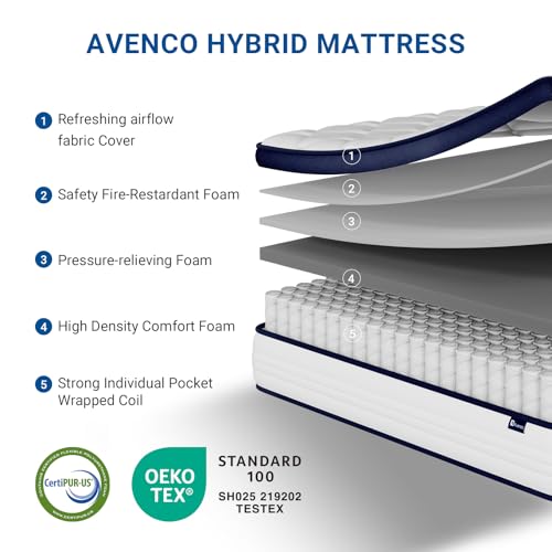 Image of Avenco Full Mattress, Hybrid Full Size Mattress in a Box, 12 Inch Full Size Mattresses with Comfort Foam and Pocket Coils for Pressure Relief Motion Isolation
