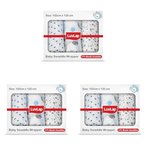 Image of LuvLap 100% Cotton Muslin Baby Swaddle Set, Baby Towel, Size-120cm x 100cm (47 inchx39 inch), Stars Printed on White, 0-18 Month+, Printed Mulmal Muslin Swaddle Wrap for New Born, Pack of 9