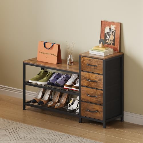 Image of EXOTICA Industrial Shoe Storage Bench with 4 Drawers & Seat, Rustic Brown