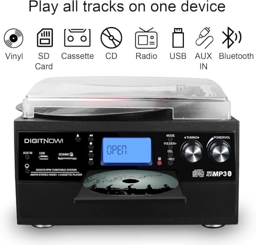 DIGITNOW 9-in-1 Record Player with Stereo Speaker, 3-Speed Turntable for Vinyl, CD/Cassette Player, Bluetooth, USB/SD Playback, AM/FM Radio, Aux-in, Remote Control (Black) - Thumbnail 2