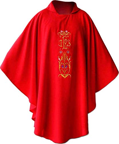 Casulle rouge vêtement liturgique broderie JHS dorée église