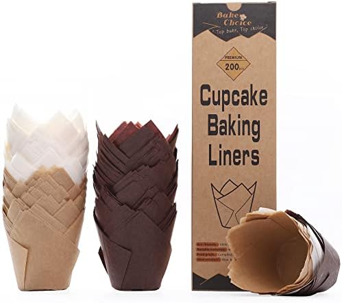 [Nordic Paper] 200pcs Tulip Cupcake Liners for Baking Cups EU Parchment paper Standard Size Tulip Muffin Liners, Cupcake Wrapper, Brown, White, Unbleached Natural for Party, Christmas by Bake Choice