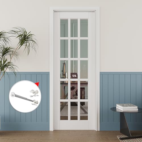 Image of 30 inch x 80 inch 15-Lite Clear Glass Pocket Door, Soft-Close Sliding Pocket Door with Frame & Hardware Kit Set, Primed All-Inclusive Interior Door Slab for Home, White, Need to Assemble