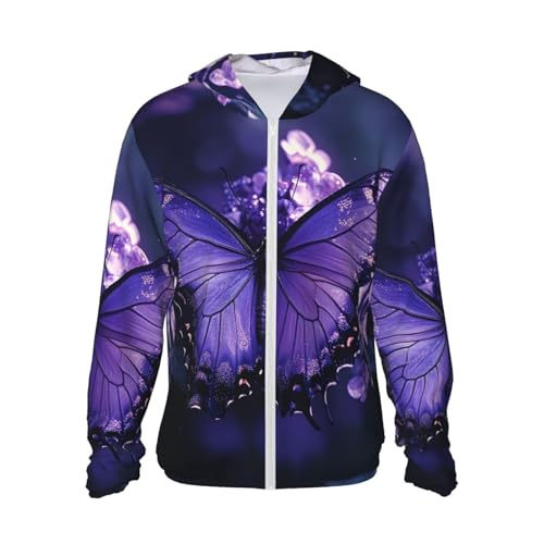 UPF 50+ Sun Protection Hoodie Long Sleeve Lovely Purple Butterfly Sun Shirt Rash Guard Fishing Shirts for Men