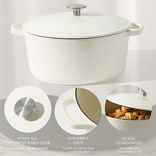 Foto von CAROTE Gusseisen Bräter mit Deckel 26CM/5L,Rund Cocotte Gusseisen Topf Schmortopf, Emaille Gusseisen backofengeeignet,Induktionsgeeignet für Küche Backen Schmoren Braten Eintöpfen