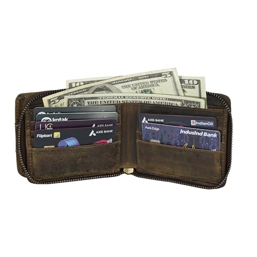Image of Men's Leather Wallet | RFID Blocking | Slim Bi Fold with Multiple Card Slots and Zip Protection | Card & Money Organizer | Classic Style Leather Wallet | Travel Office Carry | Brown