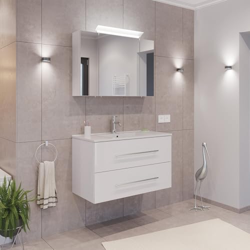 Lomadox Badezimmermöbel Badmöbel Set 2-teilig, Waschtisch Waschplatz 90cm breit mit Waschbecken, 2 Softclose-Schubladen und LED Spiegel, in weiß