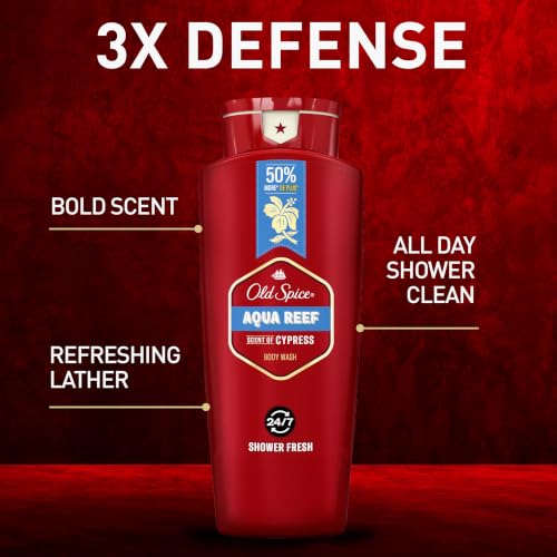 Image of Old Spice Refreshing Body Wash for Men, 3X Defense, 24 /7 Shower Fresh with Long Lasting Scent, Red Collection, Aqua Reef with Cypress Scent, 24 oz
