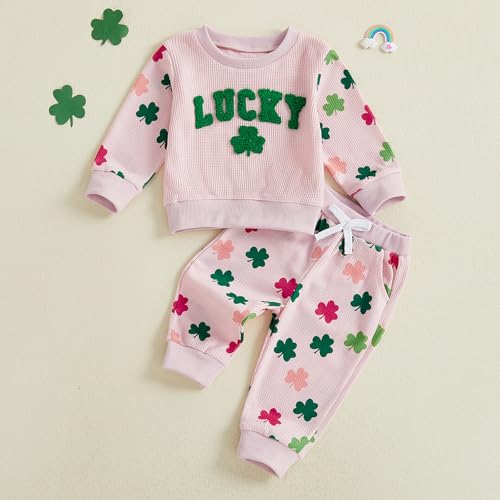 Image of Toddler Baby Boy Girl St Patricks Day Outfit Lucky Embroidery Waffle Long Sleeve Sweatshirt Pants Spring Clothes Set