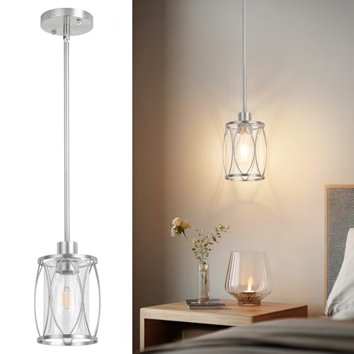 Image of Glass Pendant Lights Kitchen Island Brushed Nickel, 1 Pack | Pendant Light Fixtures Adjustable Farmhouse Mini Hanging Light with Clear Glass for Sink Dining Room Foyer Entryway