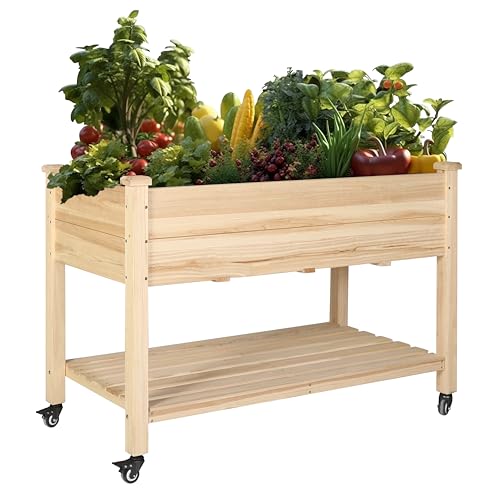 MUPATER 4x2FT Raised Garden Bed, Planter Box with Four Wheels and Legs for Herbs and Vegetables, Elevated Garden Bed with Drainage Holes for Outdoor Indoor, Natural Wood