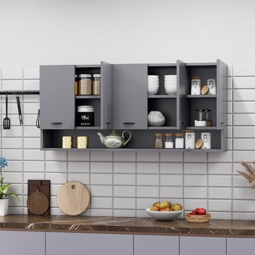 Image of Bniture Engineered Wood Wall-Mount Kitchen Cabinet | Modular Kitchen Storage Cabinet with Shelves & 5 Doors | Space-Saving Wall Cabinet for Kitchen (Slate Grey)