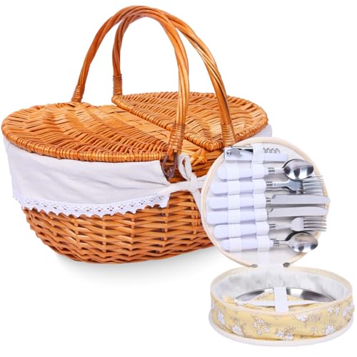 Wicker Picnic Basket with Handle, 15" Large Picnic Basket with Lid & Removable Liner, Vintage Hand Woven Basket with Cutlery Set for Picnics, Camping, Thanksgiving, and Birthday