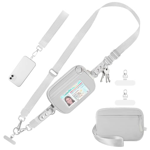 Tiostep Clip and Go Strap for Phone with Wallet Crossbody Phone Lanyard Adjustable and Detachable RFID Wristlet Wallet with ID Window and Zipper Grey