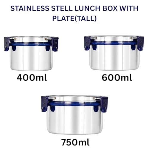 Image of Stainless Steel Lunch Box with Airtight Leakproof Lid,Easy to Clean Tiffin Box for Office,School & Kids,Navy Blue,Set of 1 (750ML) Tall