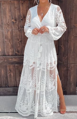 Image of LRISES Womens V Neck Floral Embroidered Lace Wedding Maxi Dress Boho Short Sleeve Slit Bridesmaid Evening Party Dresses