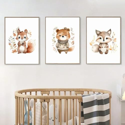 BeiYiHo 3 Affiche Animaux Jungle Poster Enfant Garçon Ourson Raton Écureuil Tableau Animaux de la Foret Chambre Bebe 30X40CM Toile Decoration Murale Boheme...