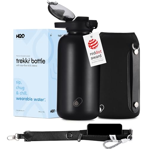 H2O Capsule Half Gallon Insulated Water Bottle With Straw - Stainless Steel Thermos Water Bottle With Sipping/Chugging Lid & Shoulder Strap For Storage - 64 oz Vacuum Flask, Keeps Hot Cold (Black)