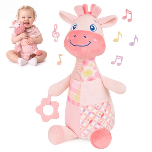 PIIKAGO Baby Sensory Toys 0-3-6-12 Months, Musical Giraffe Stuffed Animal for Infant Tummy Time, Plush Activity Toy with Squeaker, Rattle, Crinkle Paper, Teether, Newborn Boys Girls Gifts, Pink