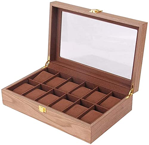 HAOCHIDIAN Wooden Watch Box, Watch Display Box Clock Storage Box with Glass top Clock Cabinet Jewelry Storage Box 12 Grid