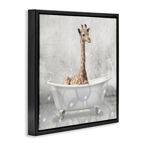 Image of Stupell Industries 'Baby Giraffe Bath Time'| Floating Frame Canvas Art | Stupell Industries | Black, 25 x 25 Inches, Easy to Hang and Sturdy, Made in USA, by Kim Allen